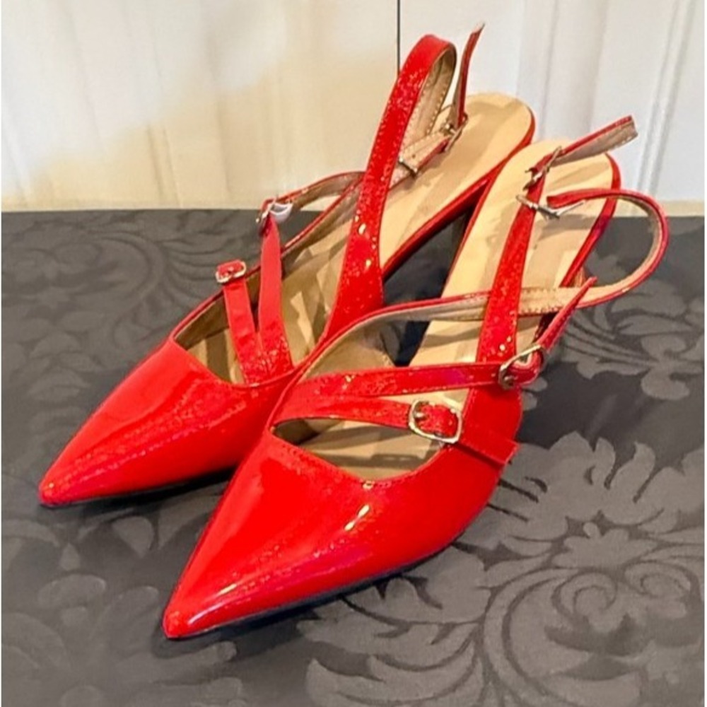 Women's Red Patent Glitter Pointed Toe Slingback Pumps Ankle Strap Stiletto Heel